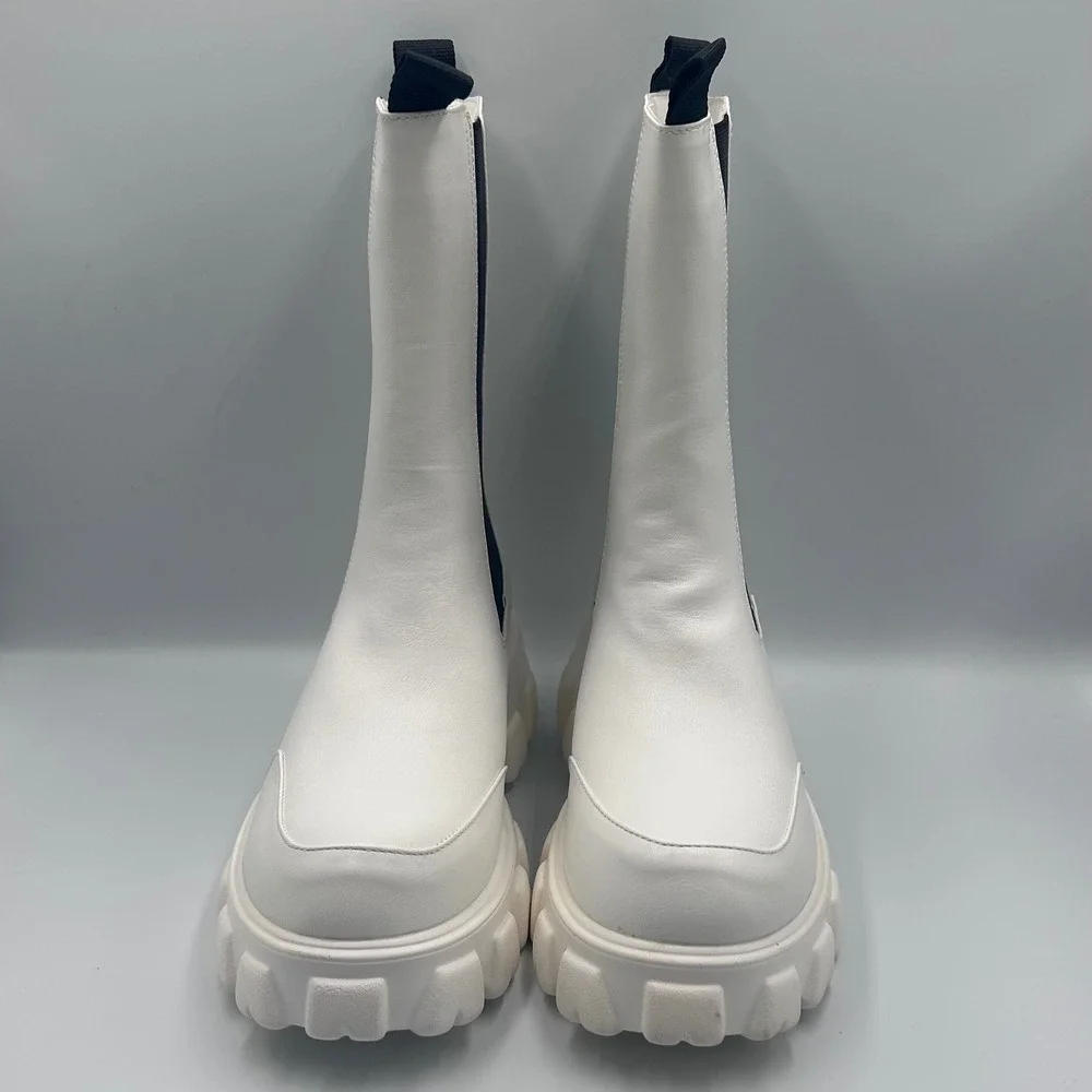 White Chunky Platform Chelsea Boots Mid Calf Lug Sole Streetwear Womens 11